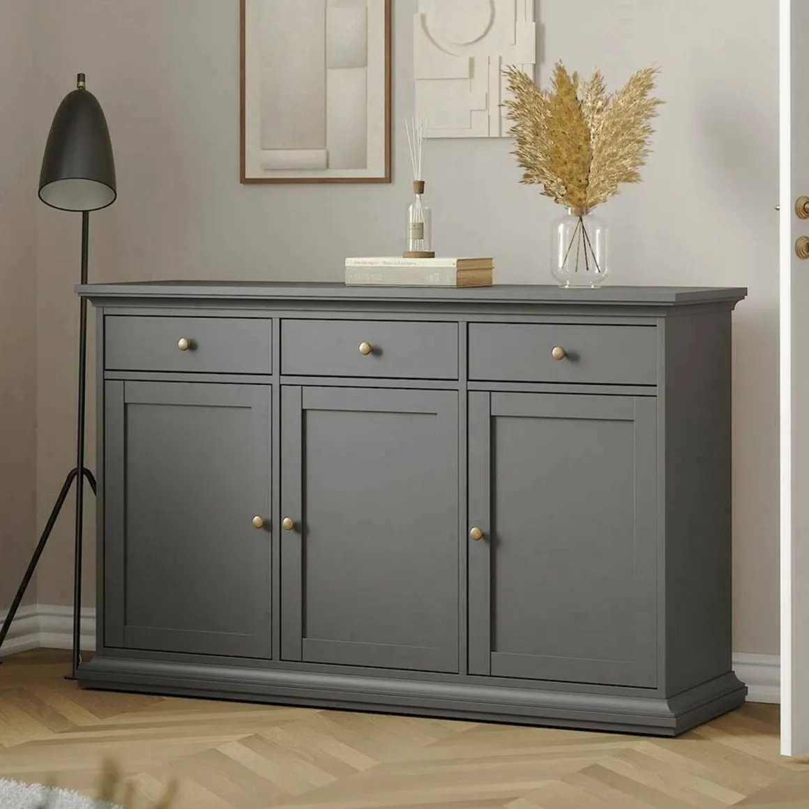 Madie|Credenze > Dmora Credenza grigia 147x39x81h cm 2 ante e 3 cassetti - Erina Grigio