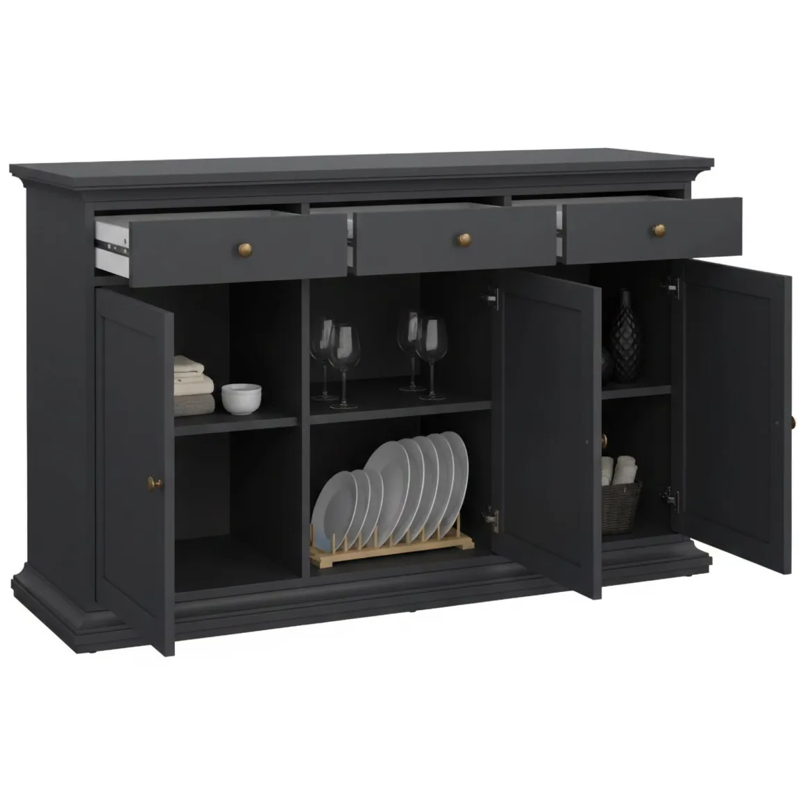 Madie|Credenze > Dmora Credenza grigia 147x39x81h cm 2 ante e 3 cassetti - Erina Grigio