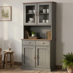 Madie|Credenze > Dmora Credenza Grigio 3 Cassetti 2 Ripiani 131x45x86h cm, Apertura Battente - Silius Marrone Noce, Grigio