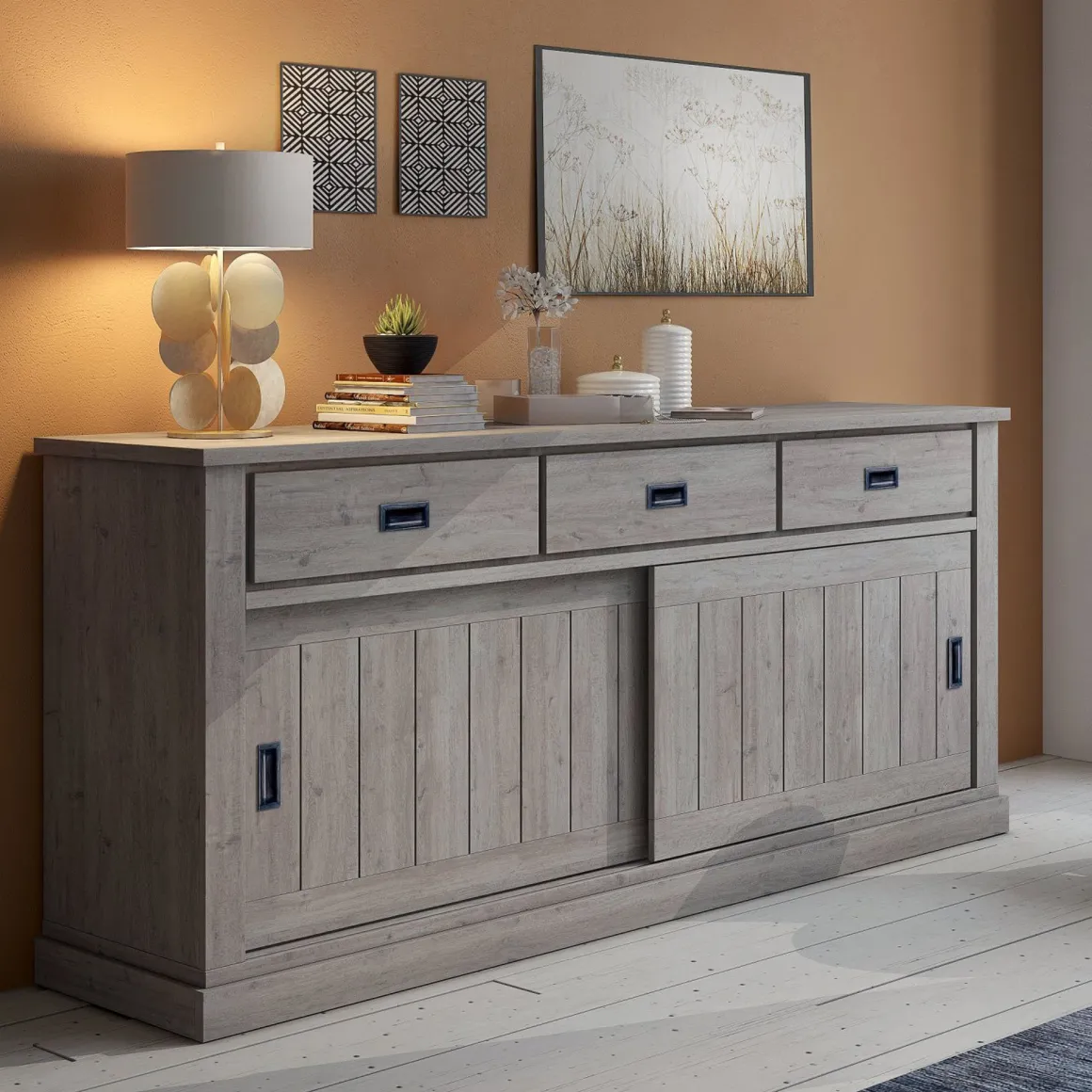 Credenza Grigio Rovere Grigio 2 Ripiani 3 Cassetti 220x50x95h cm, 2 Ante - Malonno