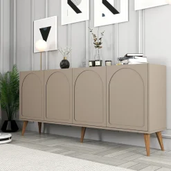 Madie|Credenze > Dmora Credenza Grigio Tortora Marrone Noce 2 Ripiani 4 Ante 180x35x81h cm, 4 Vani - Niscemi Marrone Noce, Grigio Tortora