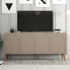 Madie|Credenze > Dmora Credenza Grigio Tortora Marrone Noce 2 Ripiani 4 Ante 180x35x81h cm, 4 Vani - Niscemi Marrone Noce, Grigio Tortora