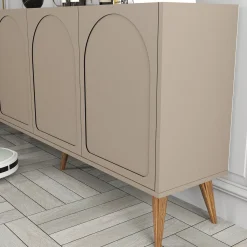 Madie|Credenze > Dmora Credenza Grigio Tortora Marrone Noce 2 Ripiani 4 Ante 180x35x81h cm, 4 Vani - Niscemi Marrone Noce, Grigio Tortora
