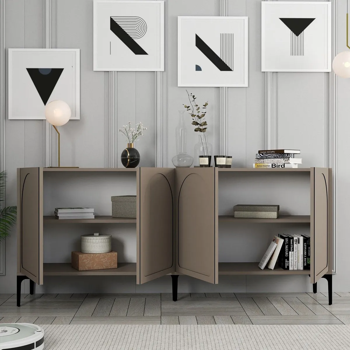 Madie > Dmora Credenza Grigio Tortora Nero 2 Ripiani 4 Vani 180x35x79h cm, 4 Ante - Torno Nero, Grigio Tortora
