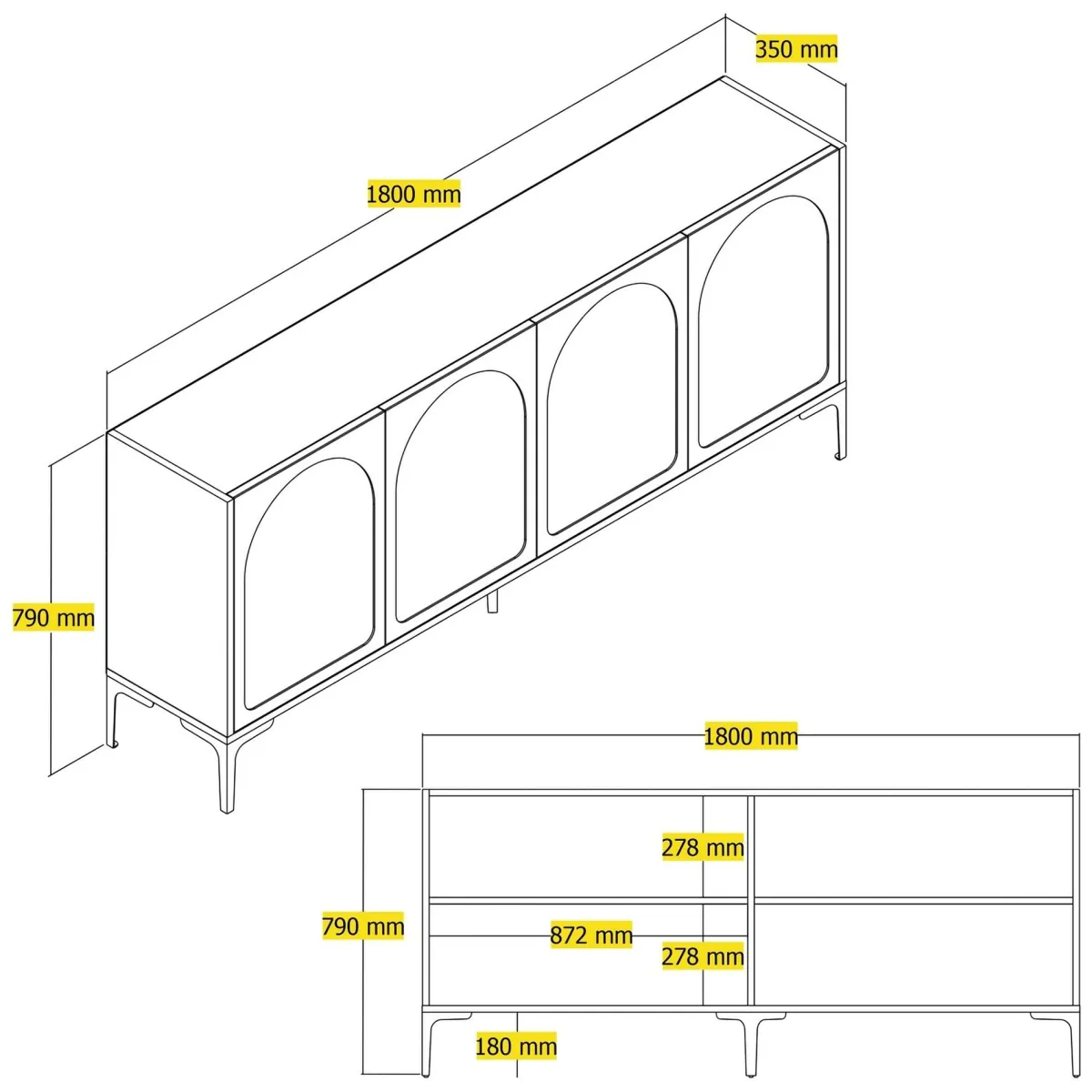 Madie > Dmora Credenza Grigio Tortora Nero 2 Ripiani 4 Vani 180x35x79h cm, 4 Ante - Torno Nero, Grigio Tortora
