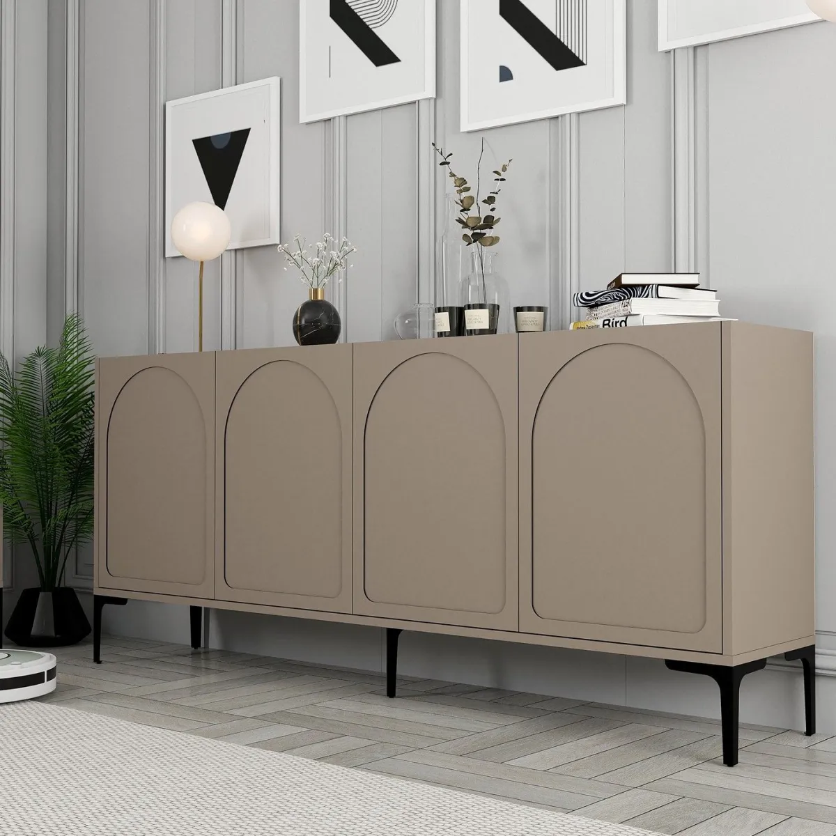 Madie > Dmora Credenza Grigio Tortora Nero 2 Ripiani 4 Vani 180x35x79h cm, 4 Ante - Torno Nero, Grigio Tortora