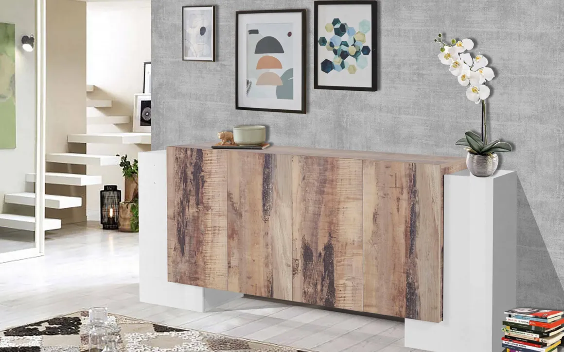 Credenza Hades, cm 210x45h85, Bianco lucido e Acero