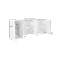 Credenza Hades, cm 210x45h85, Bianco lucido e Acero