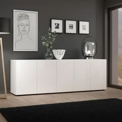 Madie|Credenze > Dmora Credenza larga bianco lucida 225x38x79h cm 5 ante - Macaria Bianco Lucido