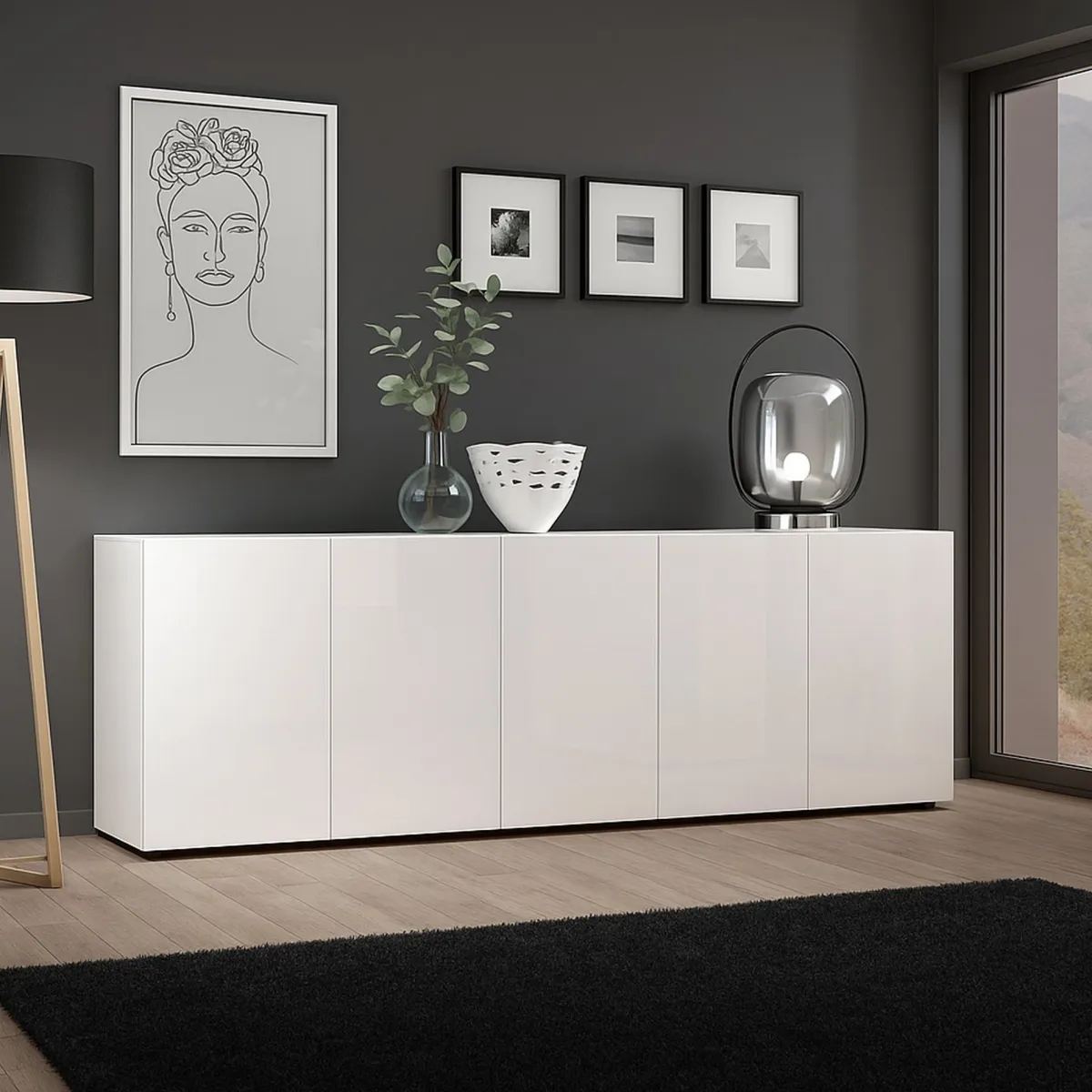 Madie|Credenze > Dmora Credenza larga bianco lucida 225x38x79h cm 5 ante - Macaria Bianco Lucido