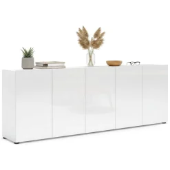 Madie|Credenze > Dmora Credenza larga bianco lucida 225x38x79h cm 5 ante - Macaria Bianco Lucido