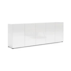 Madie|Credenze > Dmora Credenza larga bianco lucida 225x38x79h cm 5 ante - Macaria Bianco Lucido