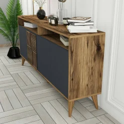 Cucina|Madie > Dmora Credenza legno e antracite 160x35x78h cm 4 ante - Garigliano Nero Antracite, Marrone Noce
