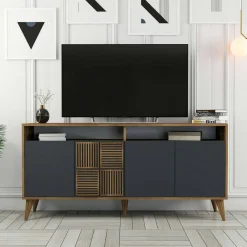 Cucina|Madie > Dmora Credenza legno e antracite 160x35x78h cm 4 ante - Garigliano Nero Antracite, Marrone Noce