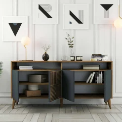 Cucina|Madie > Dmora Credenza legno e antracite 160x35x78h cm 4 ante - Garigliano Nero Antracite, Marrone Noce