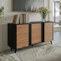 Madie|Credenze > Dmora Credenza Loreo, 151x42 h70 cm, Nero e Noce Marrone, Nero Noce