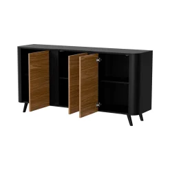 Madie|Credenze > Dmora Credenza Loreo, 151x42 h70 cm, Nero e Noce Marrone, Nero Noce