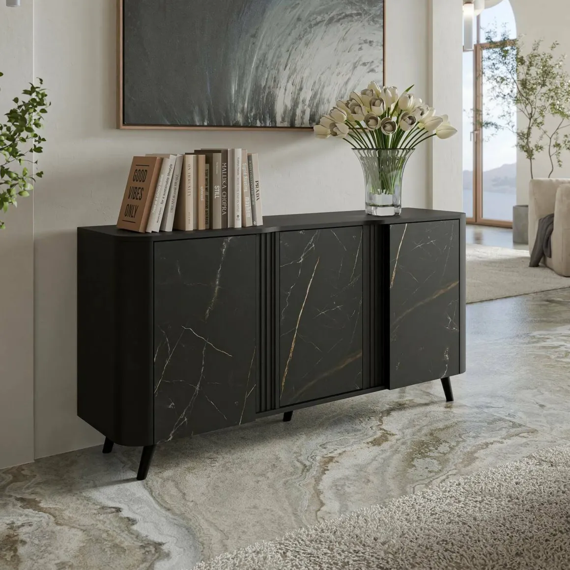 Credenza marmo e nera 150x42x70h cm 3 ante - Loreo