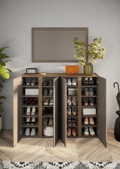 Madie|Credenze > Dmora Credenza 10 Ripiani 12 Vani 140x35x111h cm, 4 Ante - Nebbiuno Marrone Bronzo