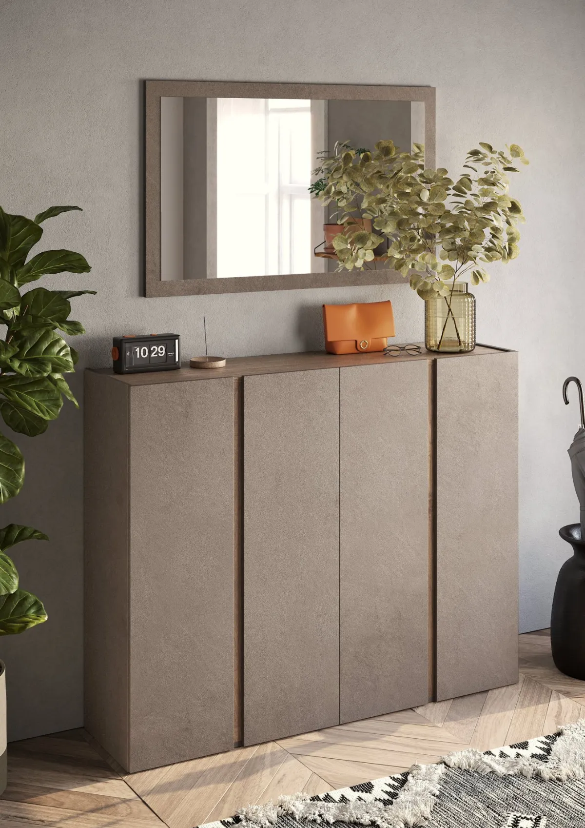 Madie|Credenze > Dmora Credenza 10 Ripiani 12 Vani 140x35x111h cm, 4 Ante - Nebbiuno Marrone Bronzo