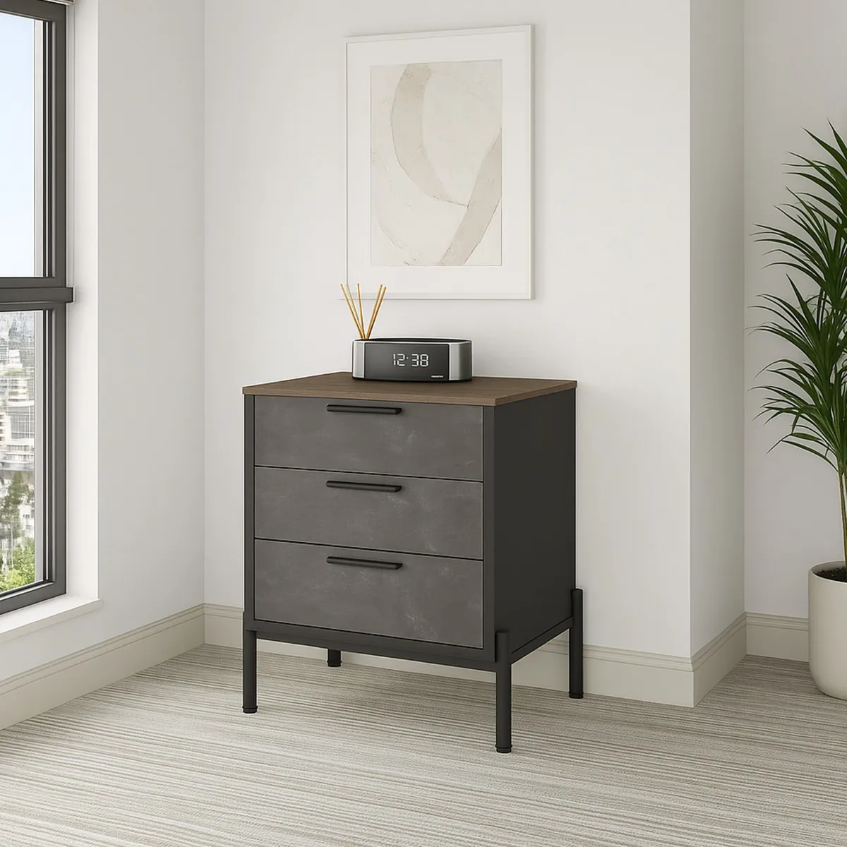 Madie|Credenze > Dmora Credenza marrone e grigia 54x44x70h cm 3 cassetti - Butchoy Grigio, Marrone