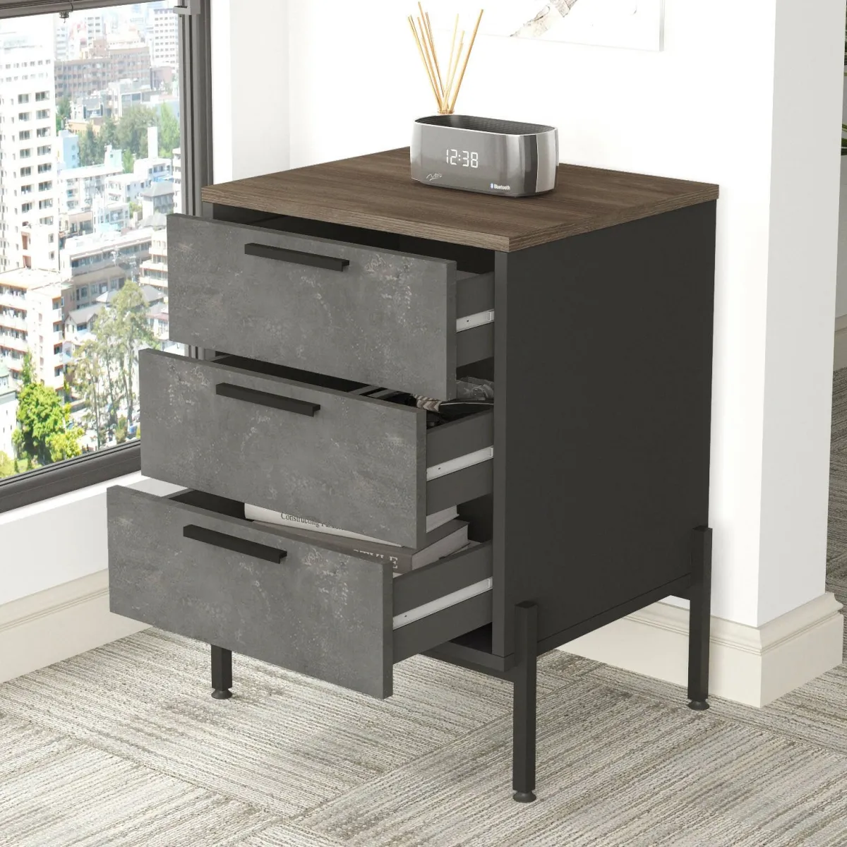 Madie|Credenze > Dmora Credenza marrone e grigia 54x44x70h cm 3 cassetti - Butchoy Grigio, Marrone