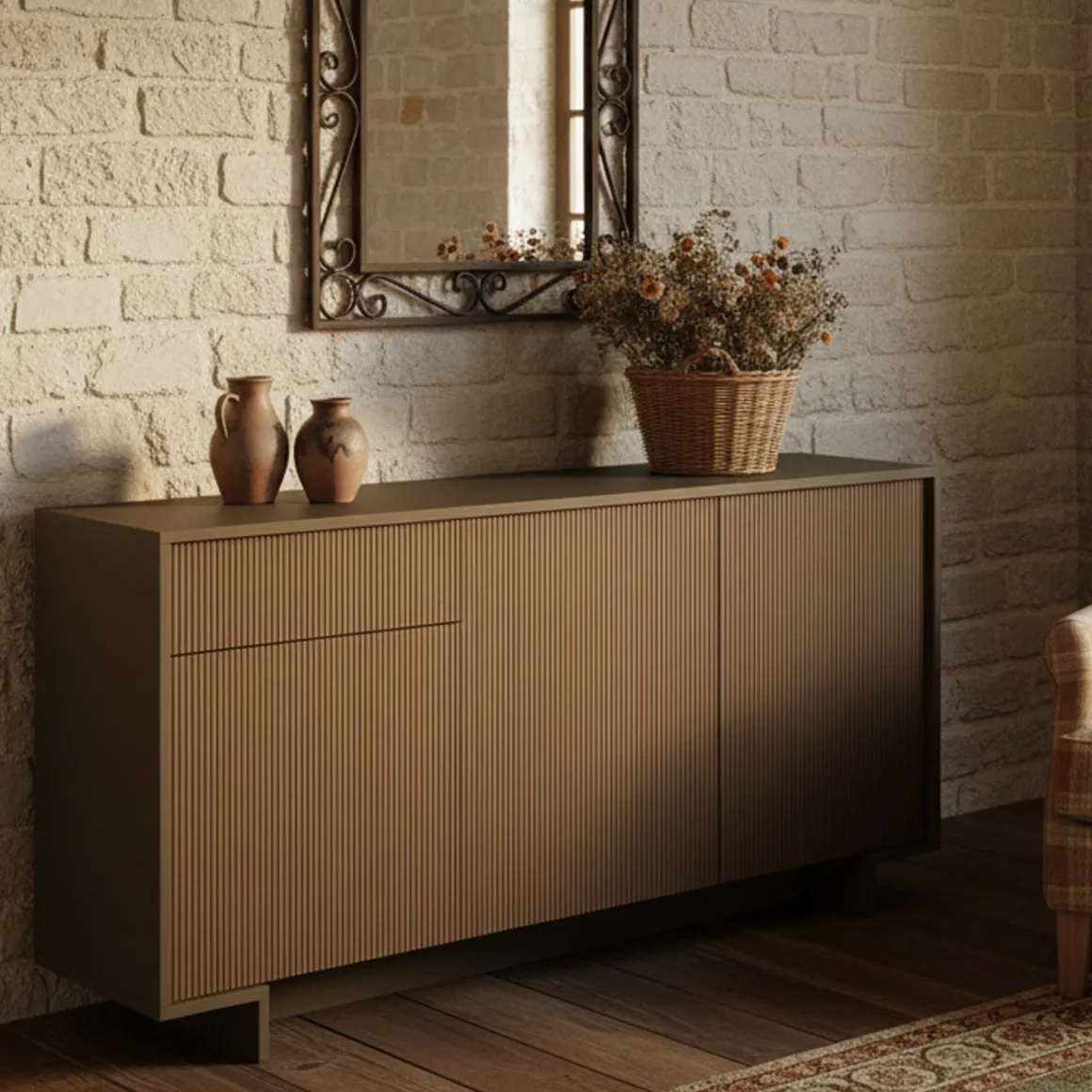 Credenza marrone e legno cannettato 170x42x78h cm 3 ante e 1 cassetto - Aronne