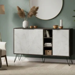 Madie|Credenze > Dmora Credenza marrone e marmo 142x35x83h cm 3 ante - Arlene Grigio, Beige Marmo