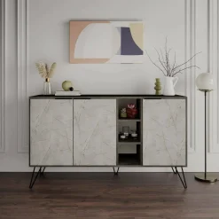 Madie|Credenze > Dmora Credenza marrone e marmo 142x35x83h cm 3 ante - Arlene Grigio, Beige Marmo