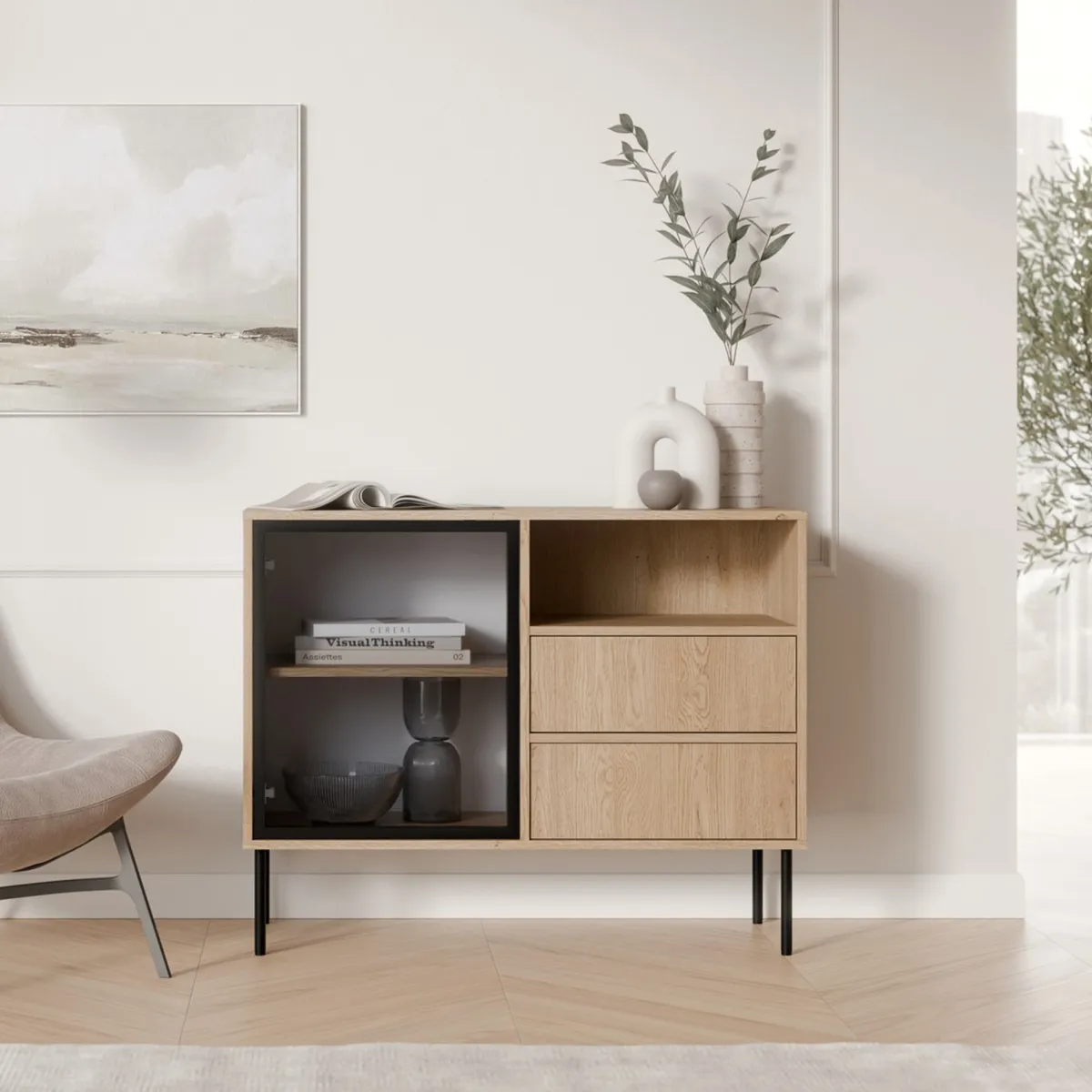 Madie|Credenze > Dmora Credenza Marrone Nero 2 Cassetti 2 Ripiani 100x40x80h cm, Apertura Battente, Scorrevole - Caravino Nero, Marrone