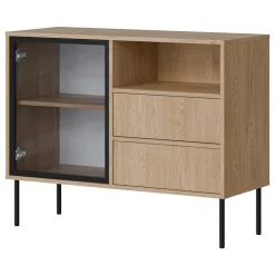 Madie|Credenze > Dmora Credenza Marrone Nero 2 Cassetti 2 Ripiani 100x40x80h cm, Apertura Battente, Scorrevole - Caravino Nero, Marrone