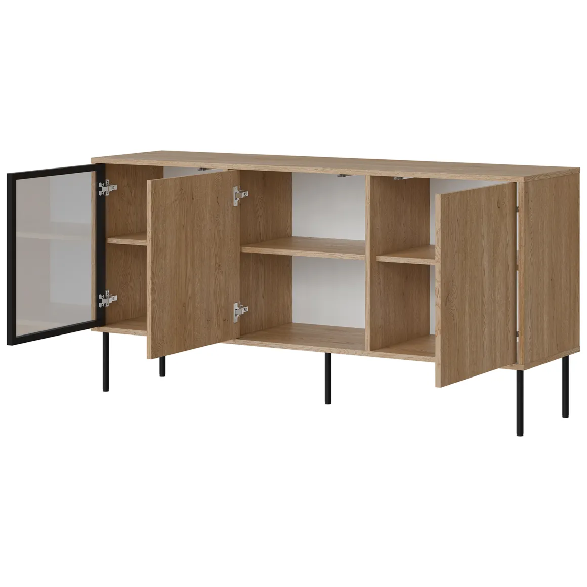 Credenza Marrone Nero 3 Ripiani Apertura Battente 150x40x75h cm, 3 Ante - Conzano