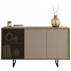 Madie|Credenze > Dmora Credenza Marrone Noce Beige Cassetti 3 Ripiani 184x40x87h cm, Apertura Battente - Capena Beige Cashmere, Marrone Noce