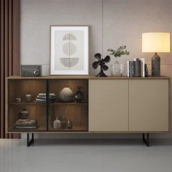 Credenza Marrone Noce Beige Cassetti 3 Ripiani 200x40x87h cm, Apertura Battente - Malnate