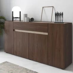 Madie|Credenze > Dmora Credenza Marrone Noce Beige un Cassetto Apertura Battente, Scorrevole 170x40x85h cm, 4 Ante - Cirimido Beige, Marrone Noce