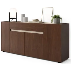 Madie|Credenze > Dmora Credenza Marrone Noce Beige un Cassetto Apertura Battente, Scorrevole 170x40x85h cm, 4 Ante - Cirimido Beige, Marrone Noce