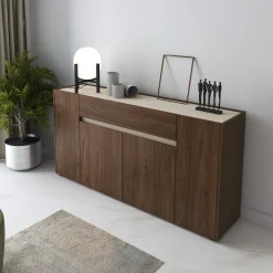 Madie|Credenze > Dmora Credenza Marrone Noce Beige un Cassetto Apertura Battente, Scorrevole 170x40x85h cm, 4 Ante - Cirimido Beige, Marrone Noce