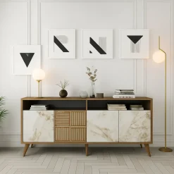 Credenza Marrone Noce Bianco Marmo Cassetti 2 Ripiani 160x35x78h cm, Apertura Battente - Benjamin