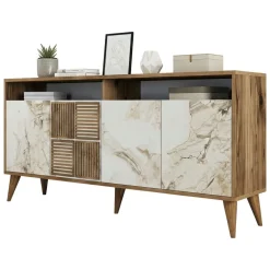 Credenza Marrone Noce Bianco Marmo Cassetti 2 Ripiani 160x35x78h cm, Apertura Battente - Benjamin