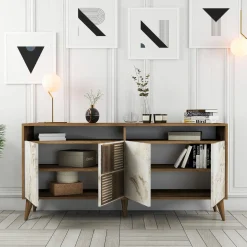 Credenza Marrone Noce Bianco Marmo Cassetti 2 Ripiani 160x35x78h cm, Apertura Battente - Benjamin