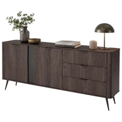Credenze > Dmora Credenza 3 Cassetti 2 Ripiani 195x38x81h cm, Apertura Battente, Scorrevole - Kabatiti Marrone Noce