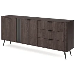 Credenze > Dmora Credenza 3 Cassetti 2 Ripiani 195x38x81h cm, Apertura Battente, Scorrevole - Kabatiti Marrone Noce