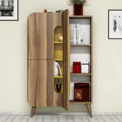 Madie|Credenze > Dmora Credenza Marrone Noce Giallo 7 Ripiani 10 Vani 93x32x144h cm, 2 Ante - Paularo Giallo, Marrone Noce