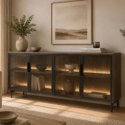 Credenza Marrone Noce Nero Antracite 2 Ripiani Apertura Battente 181x39x83h cm, 4 Ante - Hapa