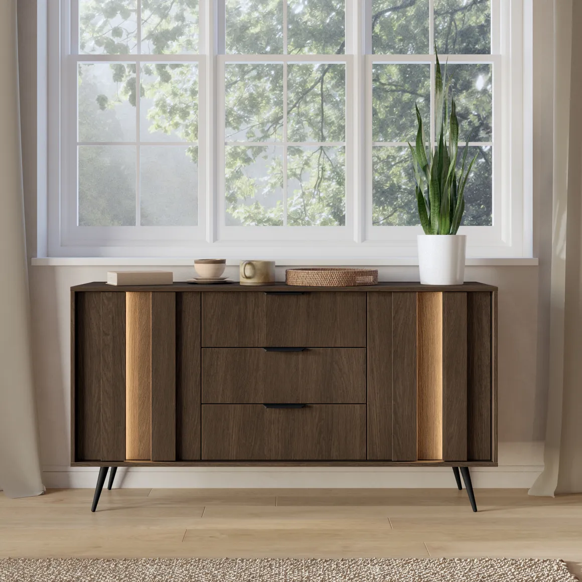 Credenze > Dmora Credenza Marrone Noce Nero 6 Cassetti un Ripiano 163x38x81h cm, Apertura Scorrevole - Kaba Nero, Marrone Noce