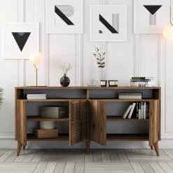 Madie|Credenze > Dmora Credenza 2 Ripiani 4 Ante 180x35x78h cm, 4 Vani - Pollein Marrone Noce