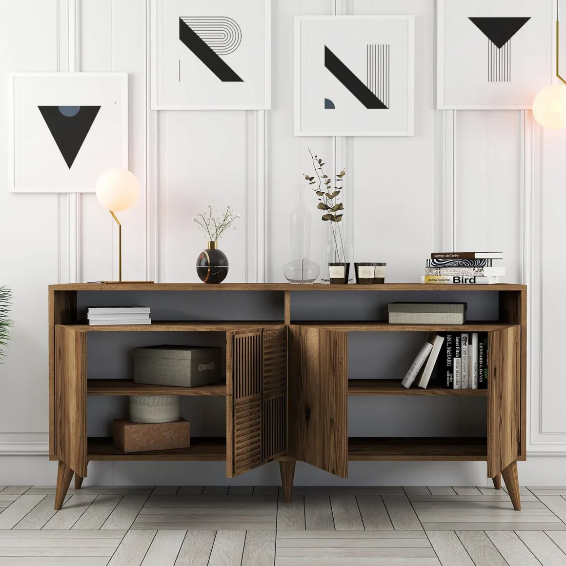 Madie|Credenze > Dmora Credenza 2 Ripiani 4 Ante 180x35x78h cm, 4 Vani - Pollein Marrone Noce