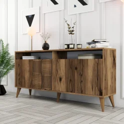 Madie|Credenze > Dmora Credenza 2 Ripiani 4 Ante 180x35x78h cm, 4 Vani - Pollein Marrone Noce