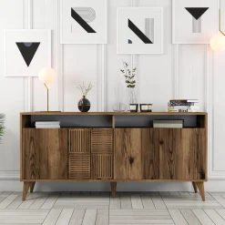 Madie|Credenze > Dmora Credenza 2 Ripiani 4 Ante 180x35x78h cm, 4 Vani - Pollein Marrone Noce