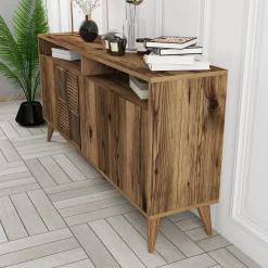 Madie|Credenze > Dmora Credenza 2 Ripiani 4 Ante 180x35x78h cm, 4 Vani - Pollein Marrone Noce